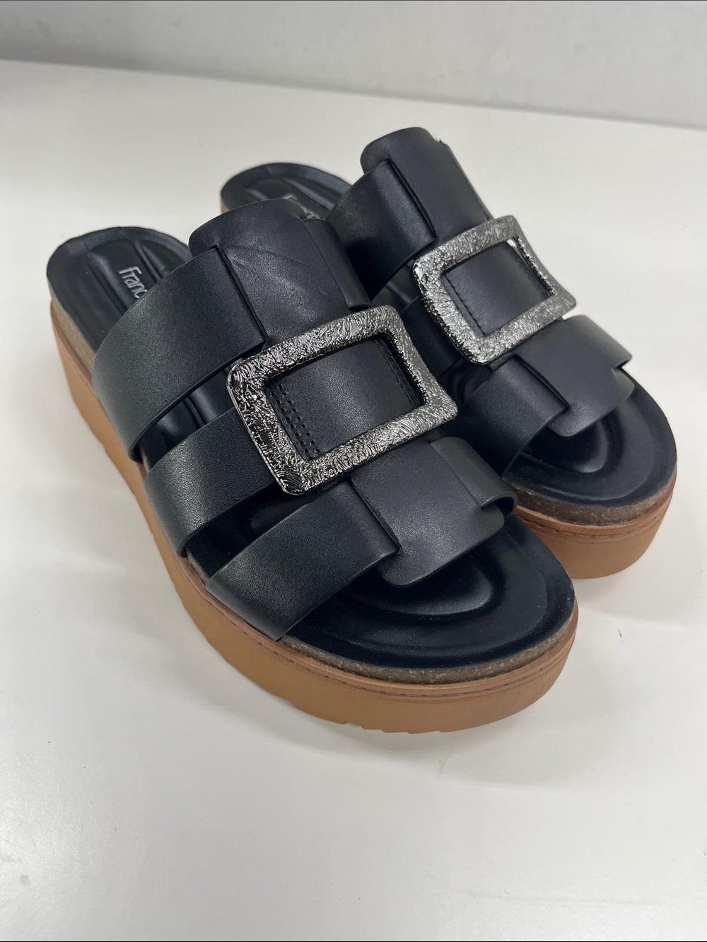 New Franco Sarto Women's Patricia Platform Sandal in Black Leather Size 5.5